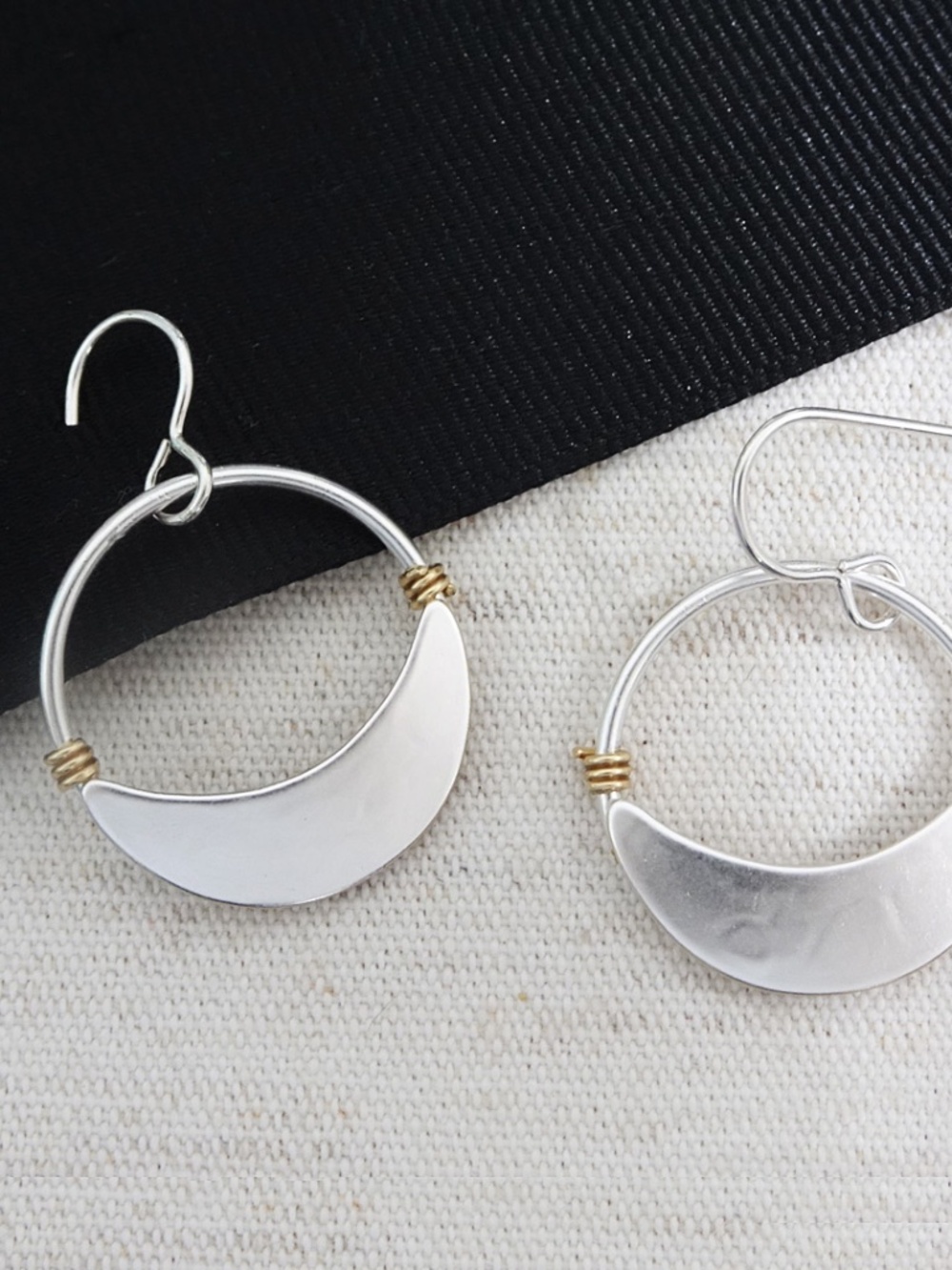 Marjorie Baer Hoop Earrings. Hoop earrings, Silver Crescent, Brass wiring.